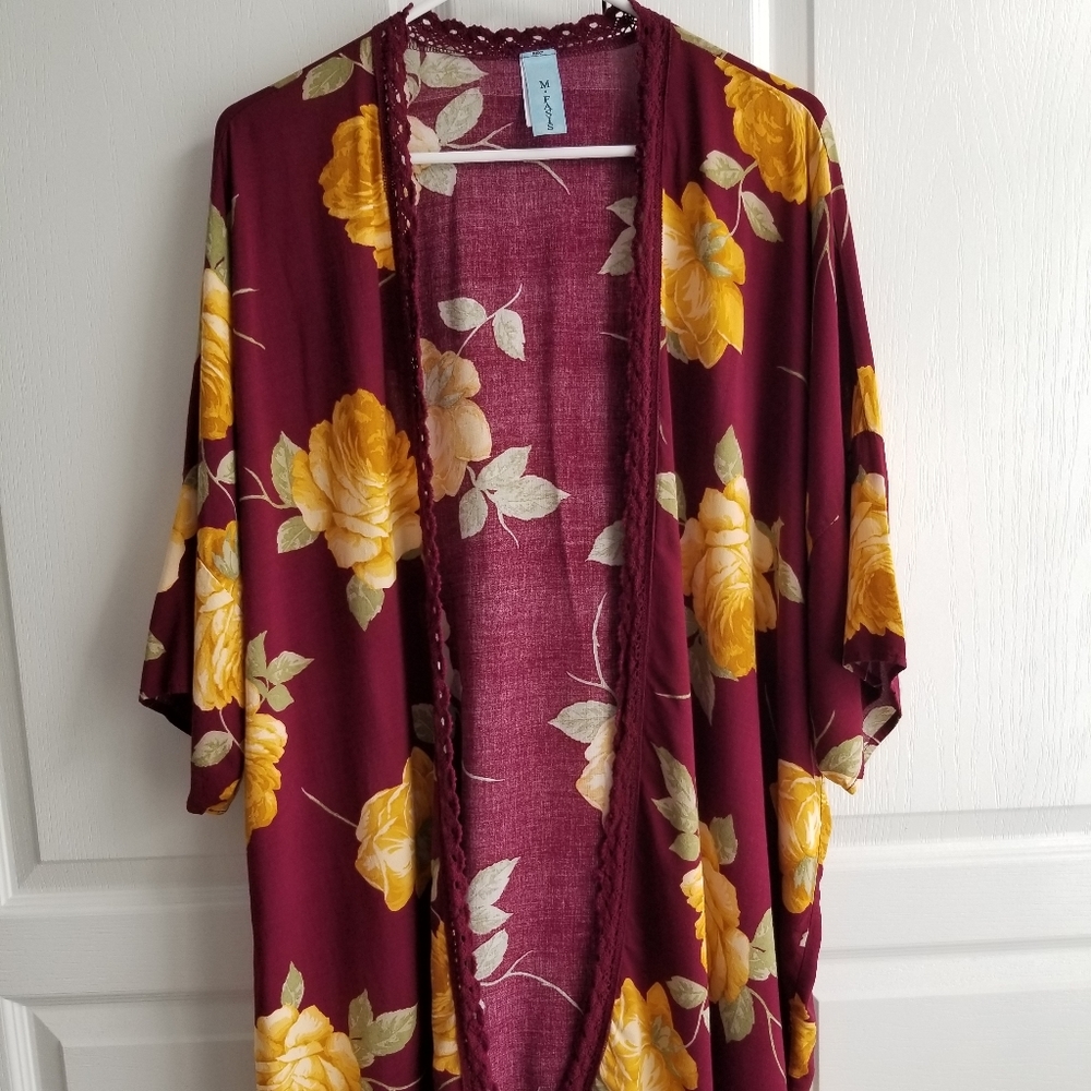 Burgundy and Yellow Boho Floral Kimono